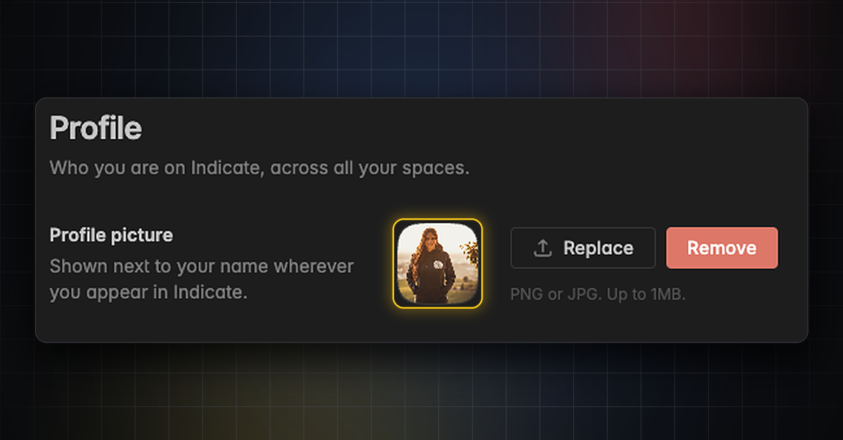 Indicate profile settings card with a profile picture and Replace and Remove buttons