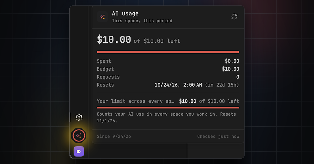 AI usage panel showing budget left for the current period