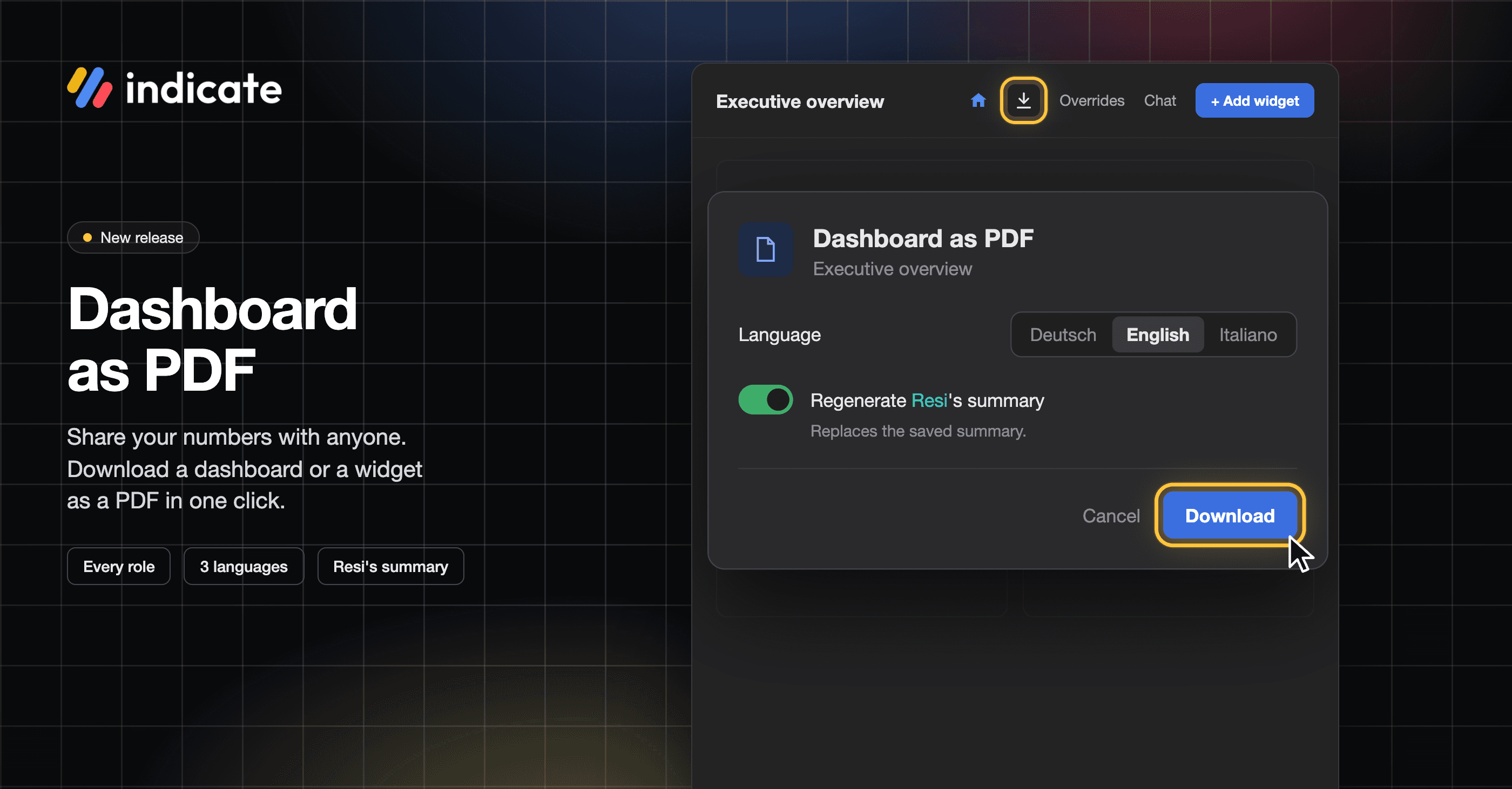 Download Dashboards as PDFs, Flying KPI Editor and Connect Invites
